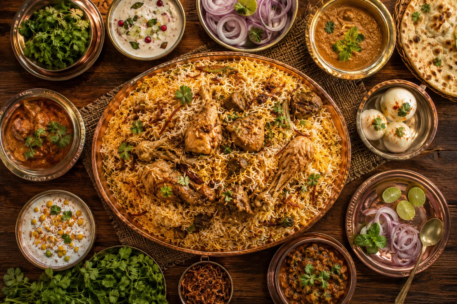 Large chicken biryani spread with side dishes for a group meal