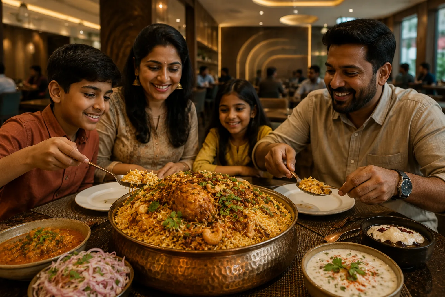 Family enjoying biryani together at a restaurant in Coimbatore